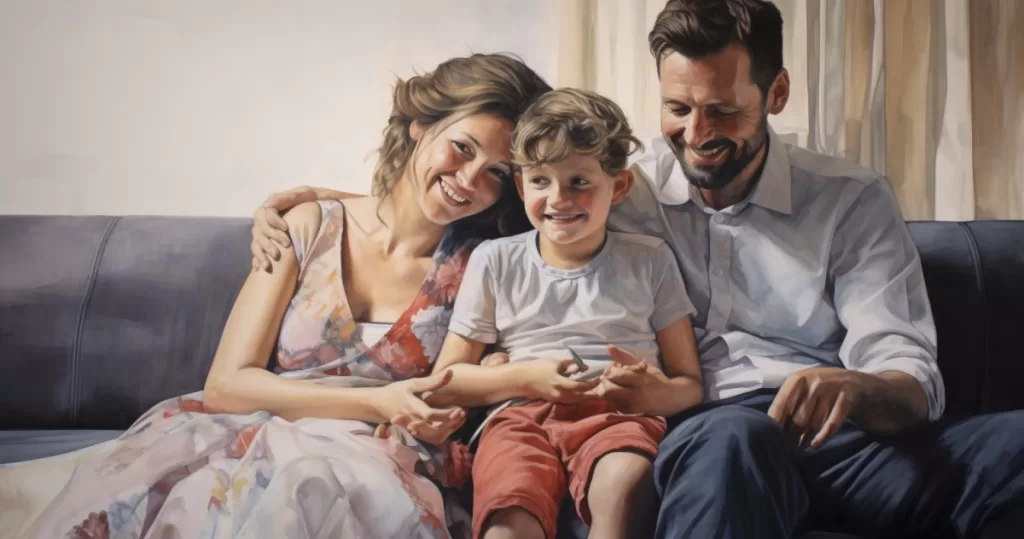 משפחה מאושרת יושבת על הספה - להמחשת הנושא של פנסיית שארים שנכללת בקרן הפנסיה